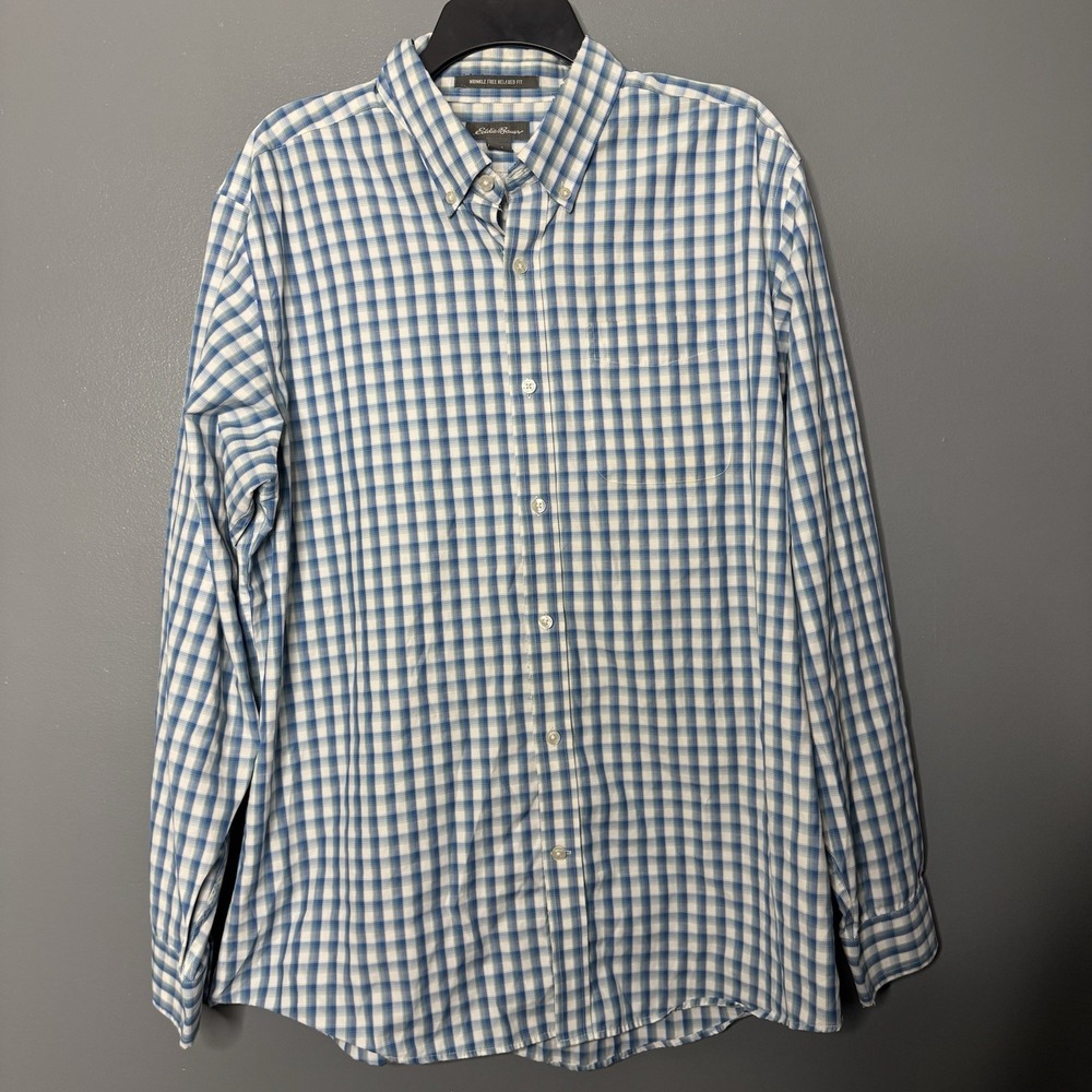 Eddie‎ Bauer Shirt Mens Large Blue Plaid Wrinkle Free Relaxed Fit Button Up